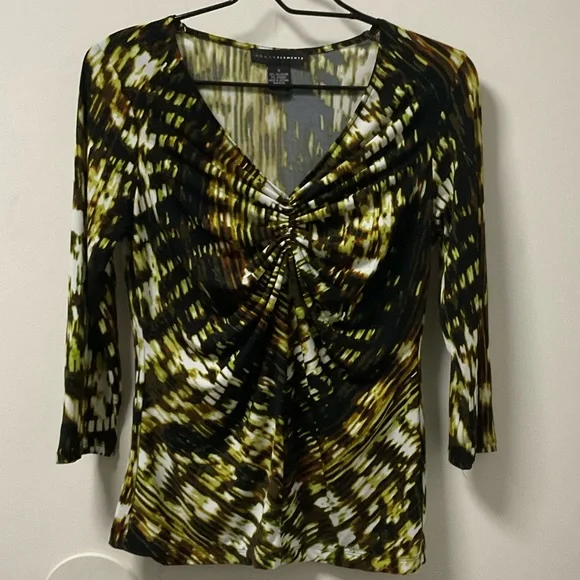 Cool Grace Elements Brown Yellow & Black Pleated Accent Polyester Spandex Top! - Picture 1 of 11
